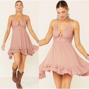 Free People Adella Slip Mini Babydoll Crochet Lace Boho Pink Rose Fairy Dress L